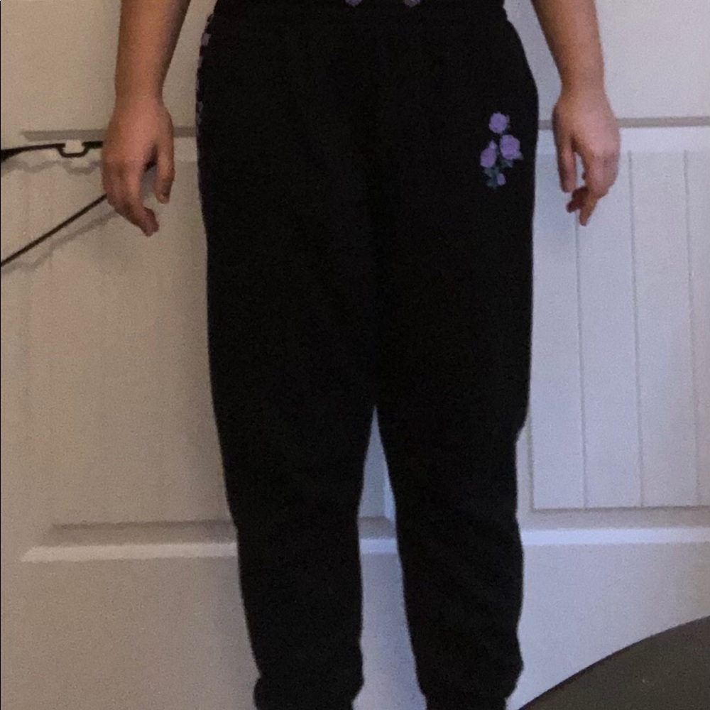 black and purple checkered sweats